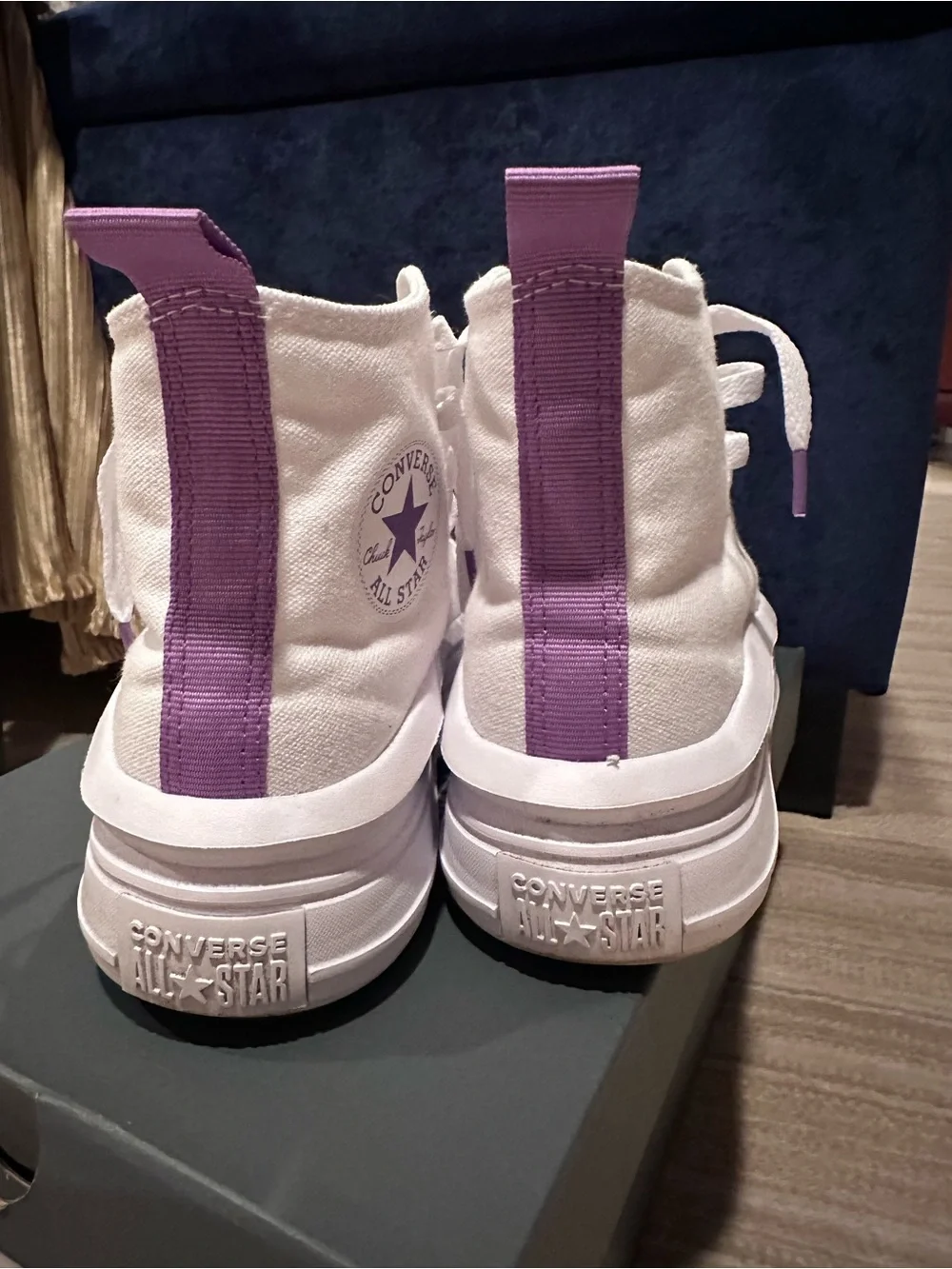 Converse Kids White High-Top Sneakers with Purple Heel Tabs